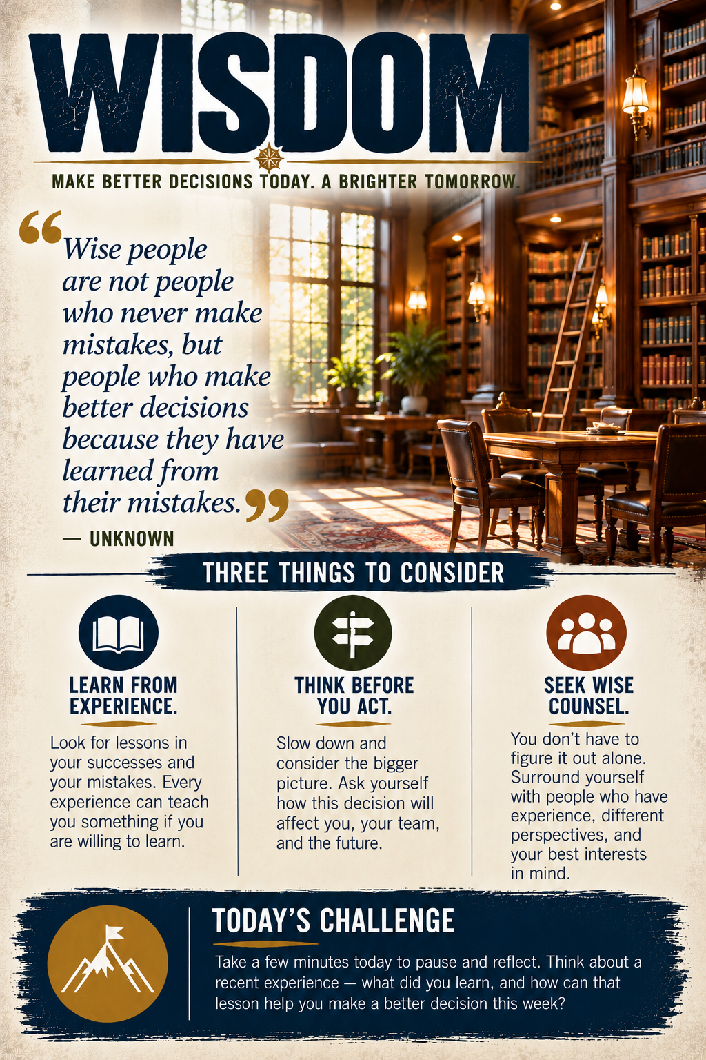 Example daily motivation with a quote on wisdom, three things to consider, and today's challenge