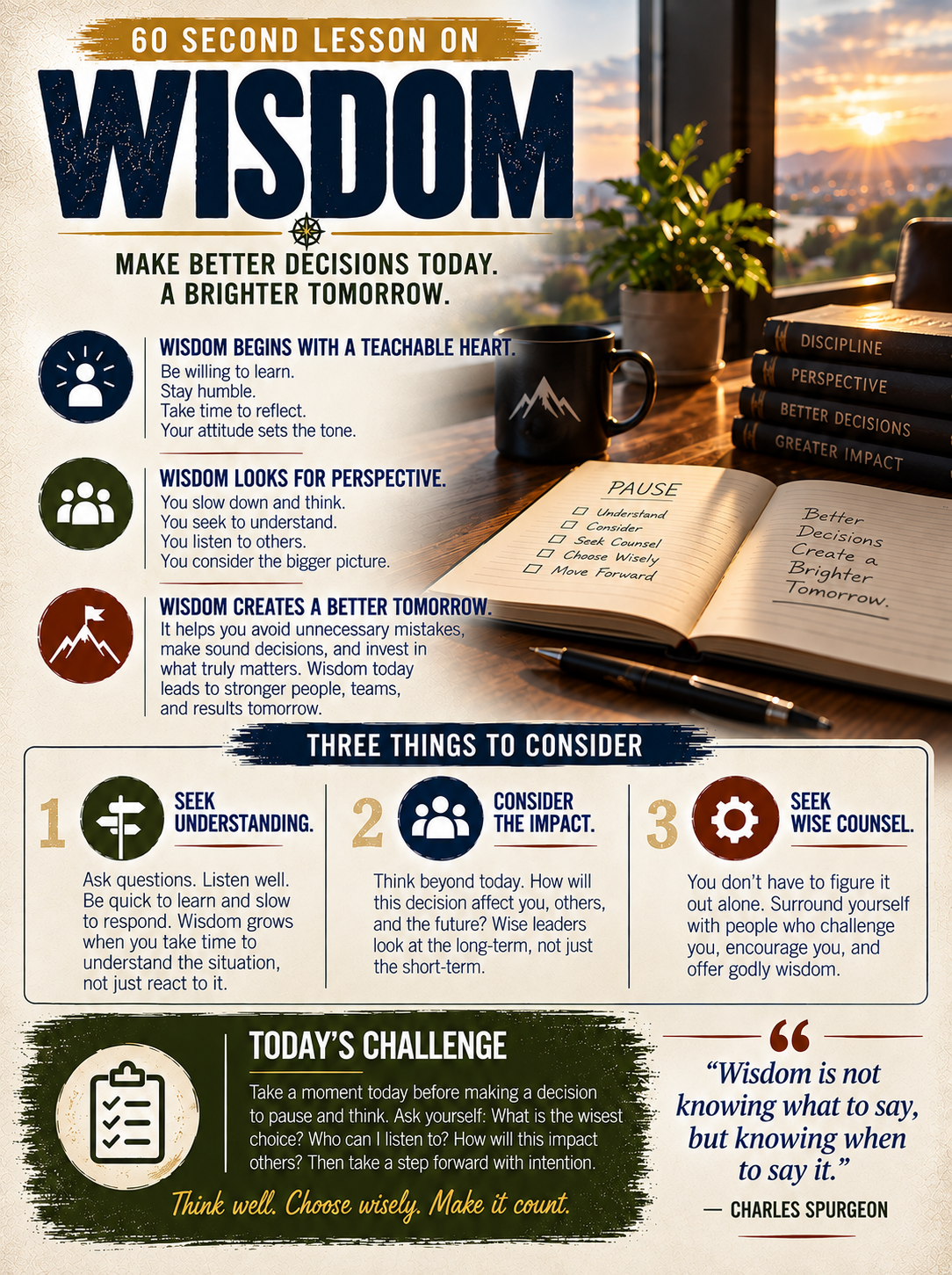 Example Monday 60-second lesson on wisdom, with three things to consider and today's challenge